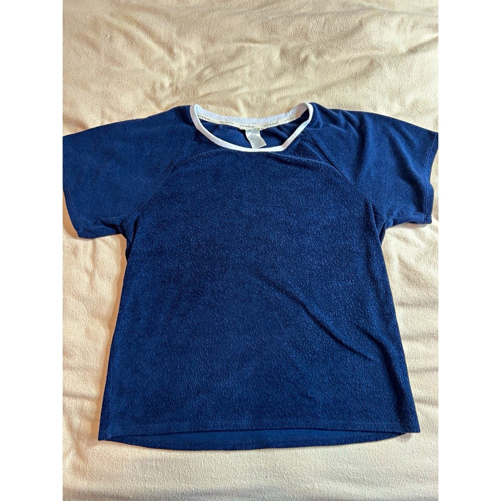 Lucky Brand Womens Medium Navy Blue Textured Short Sleeve Top White Trim Casual